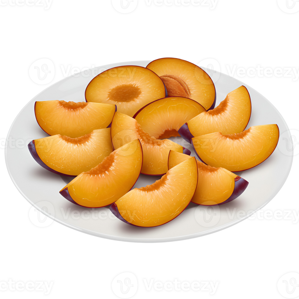A white plate displaying several plum slices and plum halves arranged in a pleasing manner for eating transparent background png