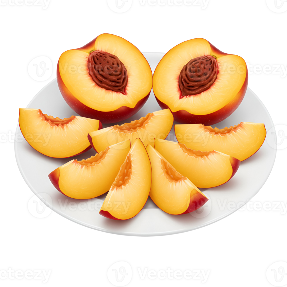 Sliced peaches on a white plate showing the juicy flesh and seed with a vibrant yellow and red color transparent background png