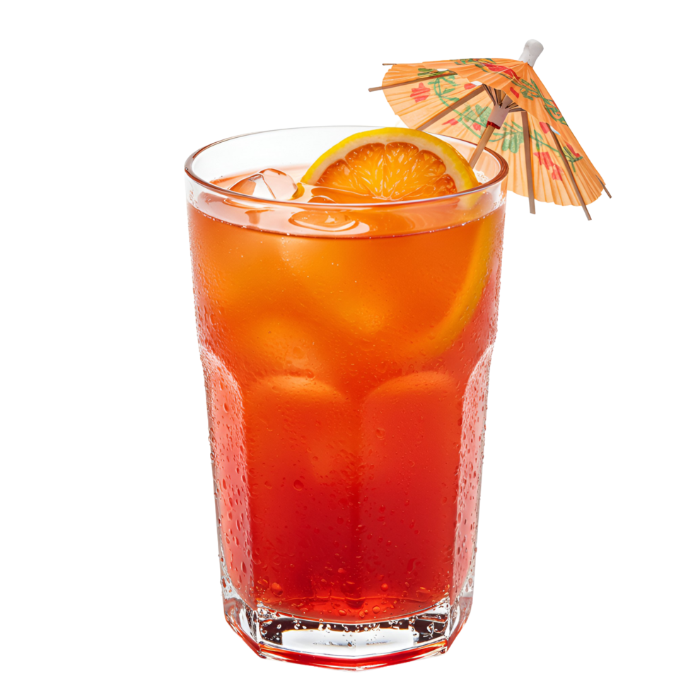 Refreshing orange drink with ice and a small umbrella in a clear glass on a plain surrounding transparent background png