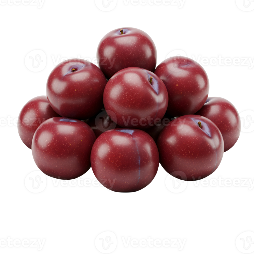 A group of ten vibrant plums piled together in a pyramid shape on a plain isolated surface view from above transparent background png