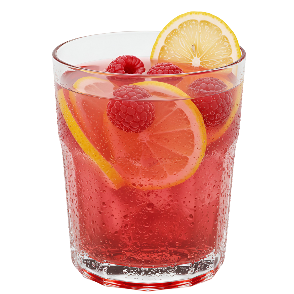 Refreshing raspberry lemonade in a glass with lemon slices and raspberries on a plain setting look transparent background png