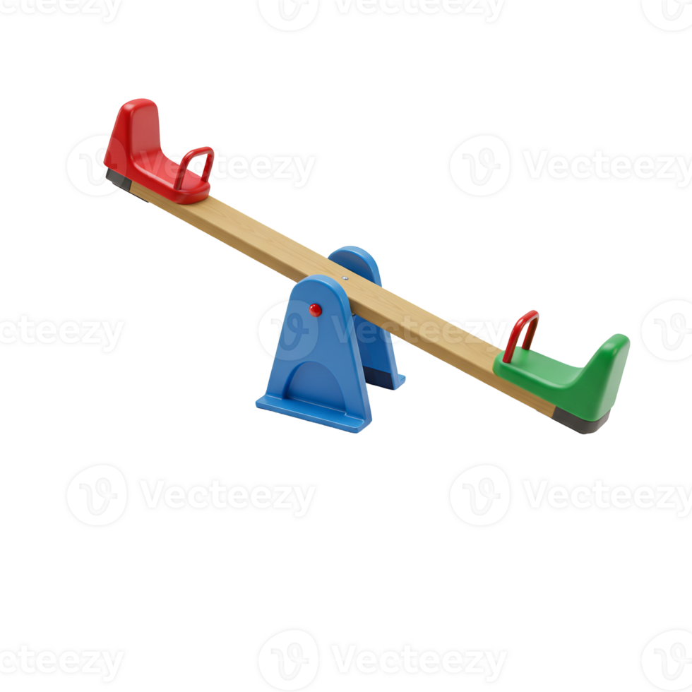 A colorful seesaw with a red seat and a green seat on a playground against a plain surrounding area transparent background png