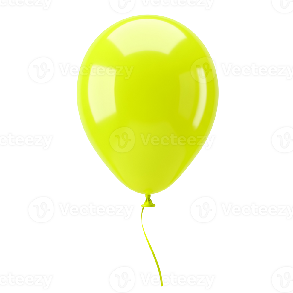 Isolated image showing a single vibrant chartreuse balloon with a curly ribbon on a plain setting transparent background png