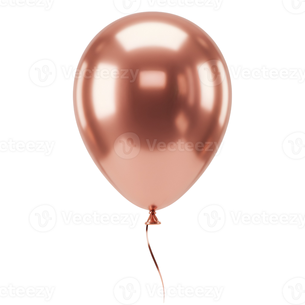 A shiny rose gold balloon floating with a ribbon attached to it against a plain background view transparent background png
