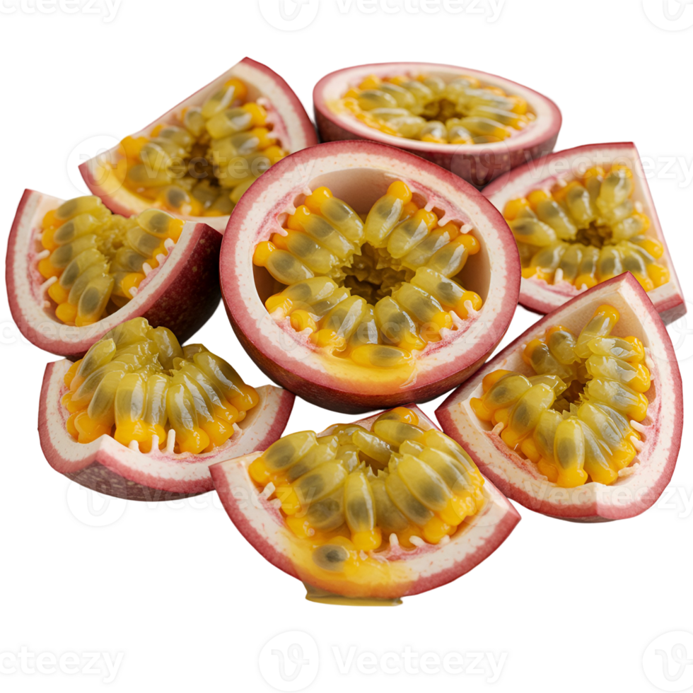 Arrangement of several passion fruit halves showing pulp and seeds on a plain surface transparent background png