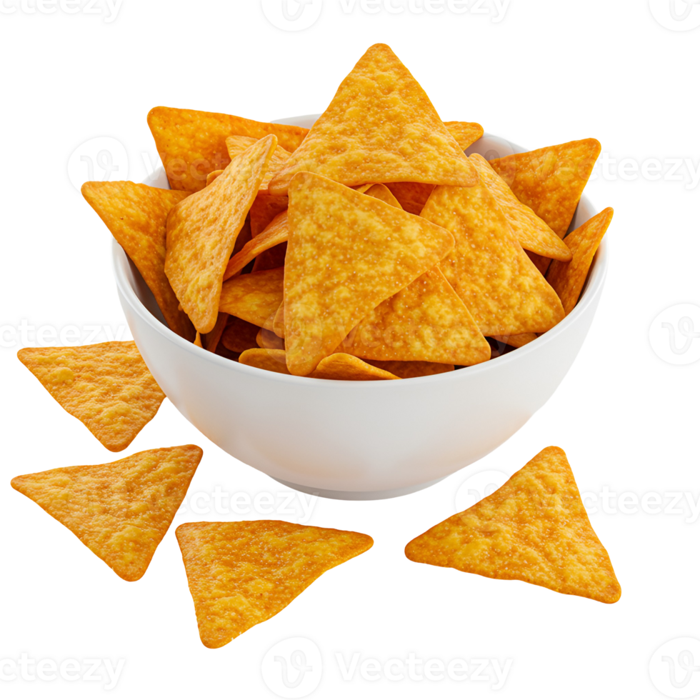 A white bowl filled with orange triangle shaped tortilla chips with some chips scattered around it transparent background png