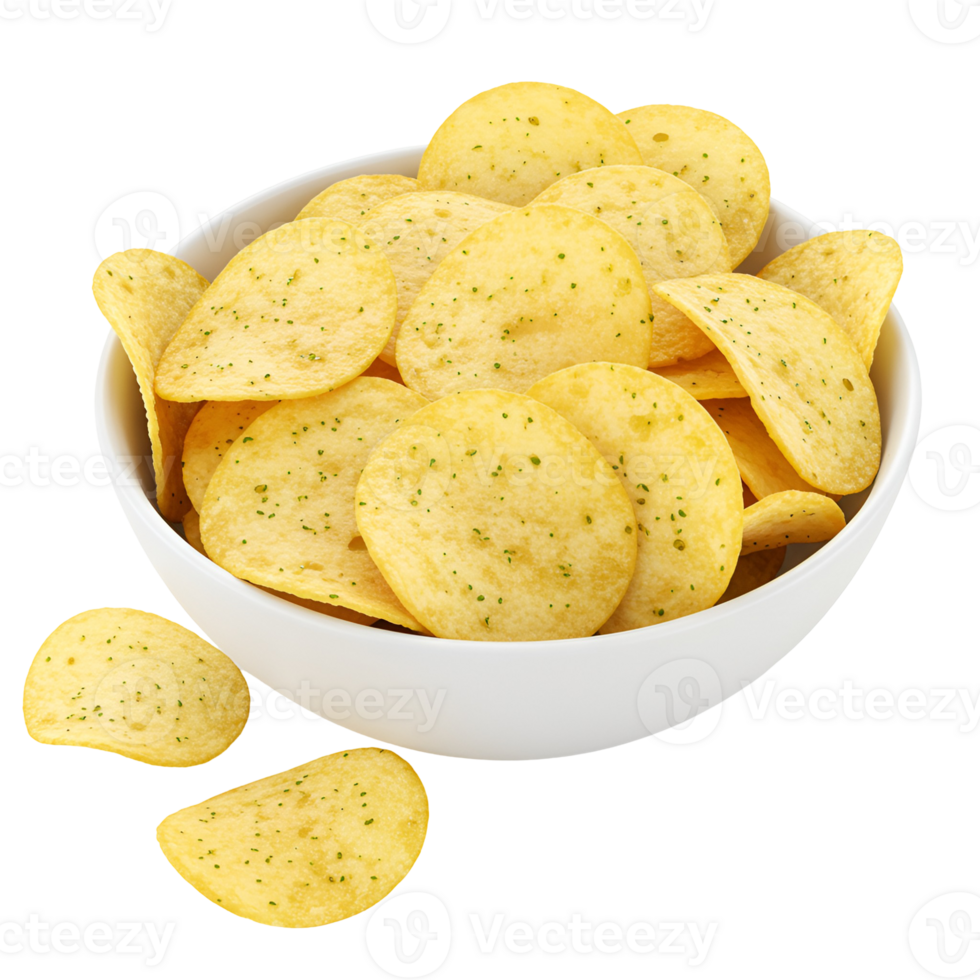 A white bowl filled with potato chips seasoned with herbs on a plain studio style setting view close up transparent background png