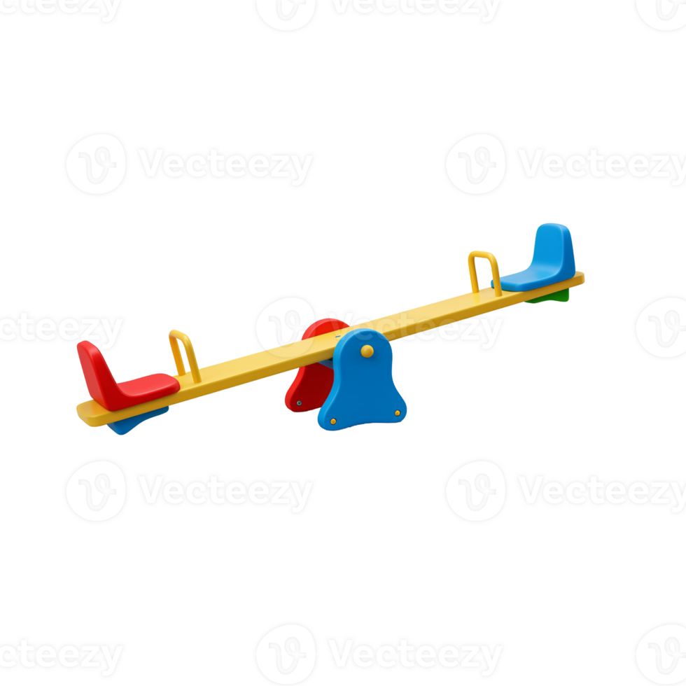 A colorful seesaw with a yellow beam and red and blue seats on a plain white isolated setting transparent background png