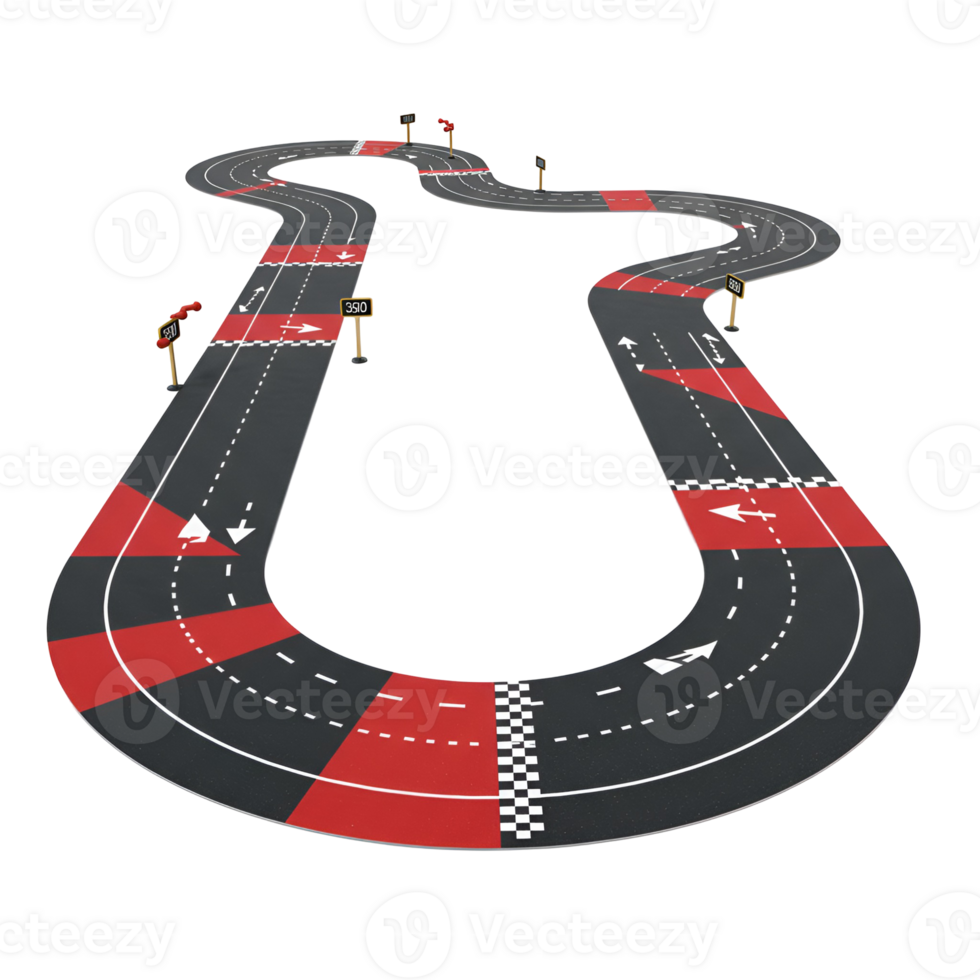 Aerial view of a winding race track with red accents and directional arrows on a plain backdrop transparent background png