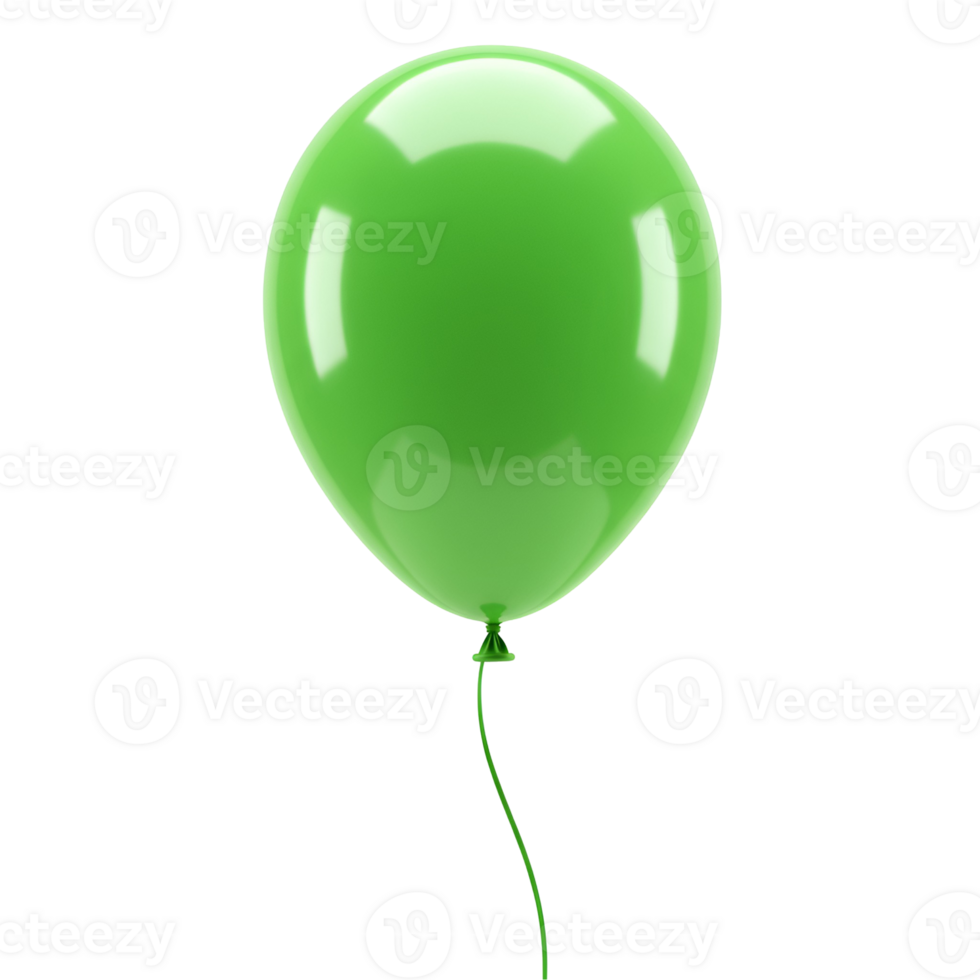 A single green balloon floating with a ribbon against a plain studio type setting isolated view transparent background png