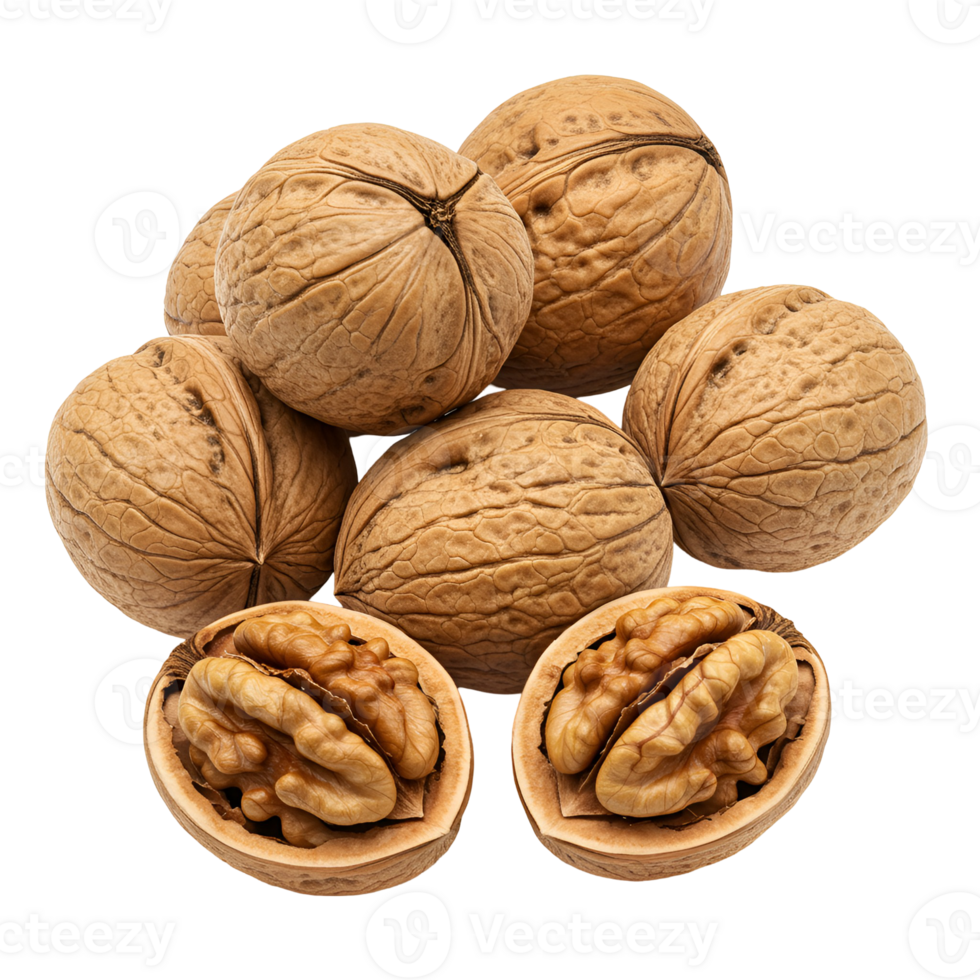 A group of whole walnuts with two walnuts cracked open showing the nut meat inside the shells near each other transparent background png