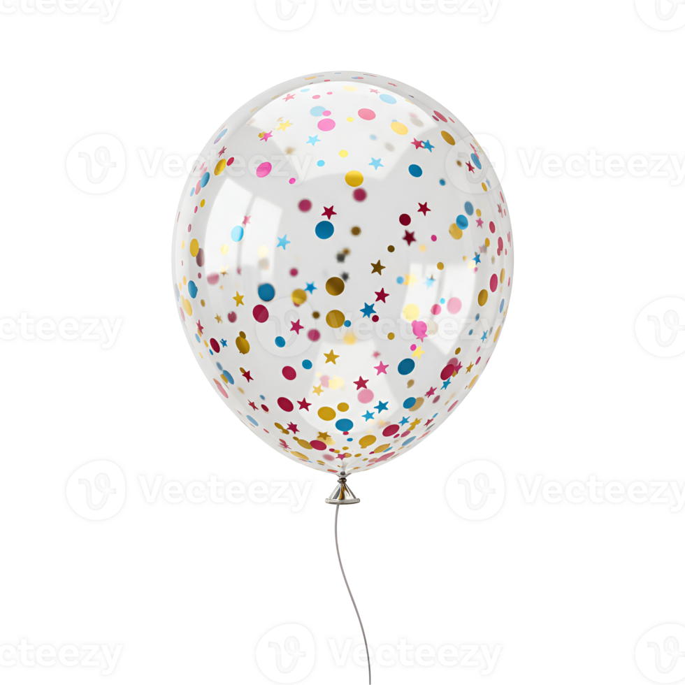 A single clear balloon filled with colorful confetti on a plain colored studio type setting view shot transparent background png