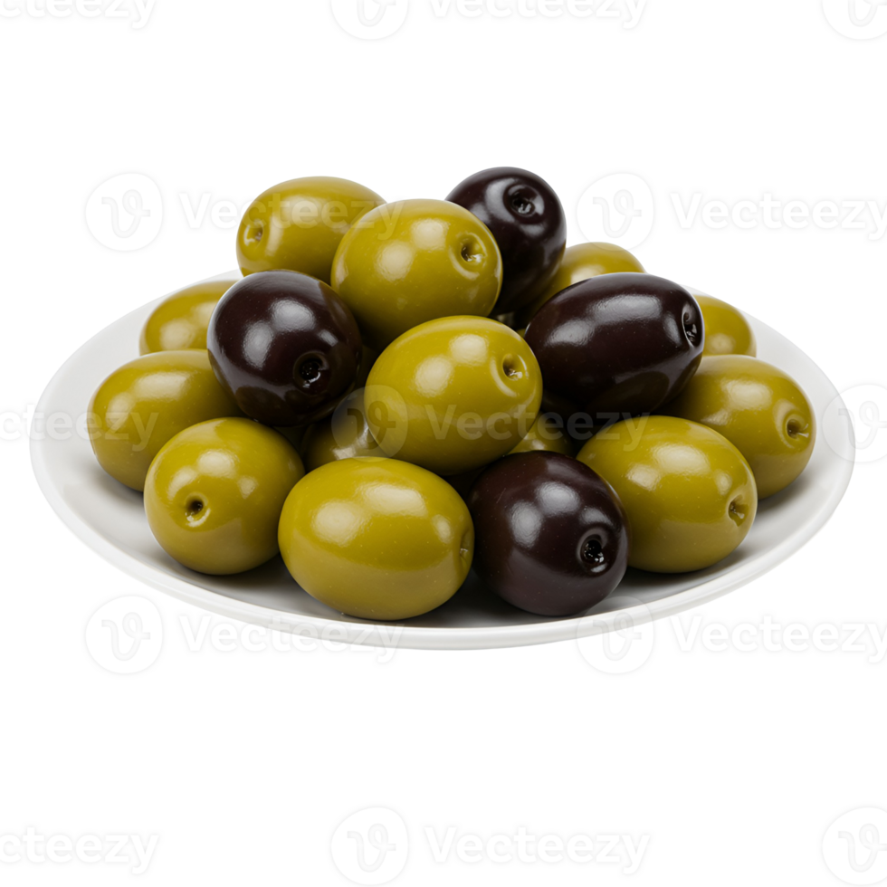 A plate filled with a mixture of green and purple olives arranged in a close up view from above transparent background png