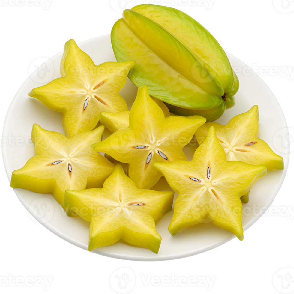 A plate featuring several sliced star fruits and a whole star fruit, showcasing the vibrant yellow color transparent background png