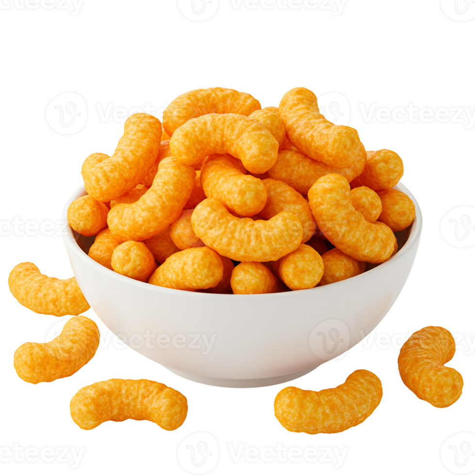 A white bowl filled with cheese puffs and several cheese puffs scattered around the bowl on the surface transparent background png