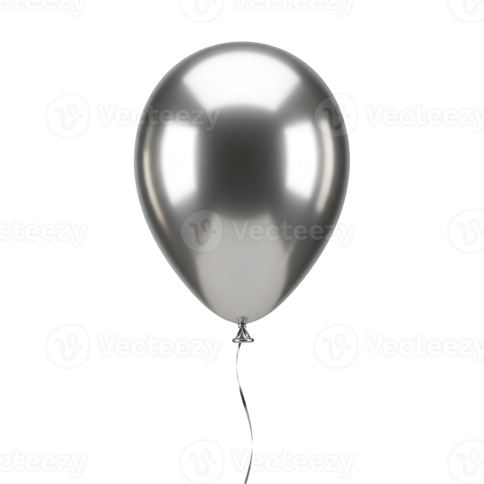 Isolated shiny silver balloon with ribbon floating in the air against a plain solid color backdrop transparent background png