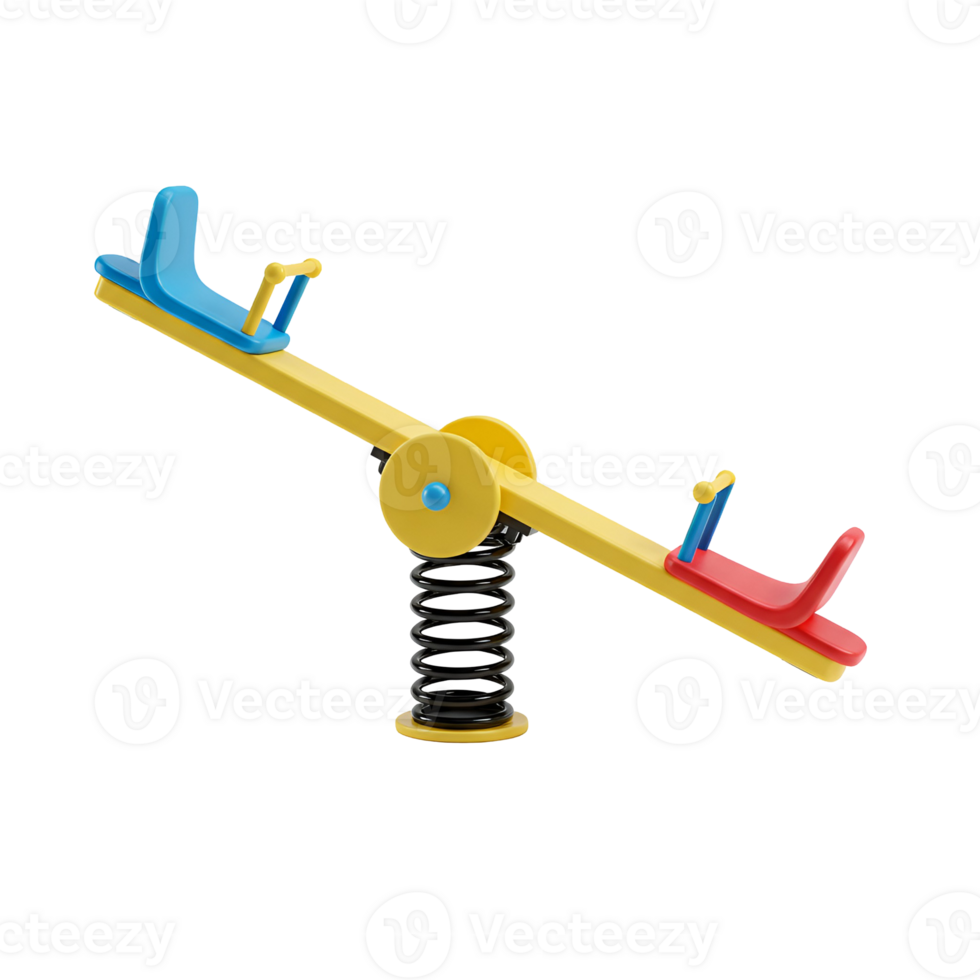 A colorful seesaw with a yellow beam and a spring base isolated on a plain studio setting view transparent background png