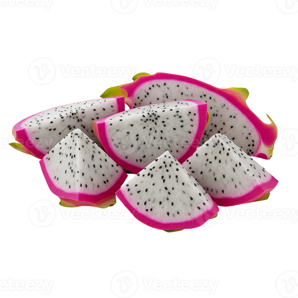 Arrangement of sliced dragon fruit pieces with pink rind and white flesh on a plain setting transparent background png