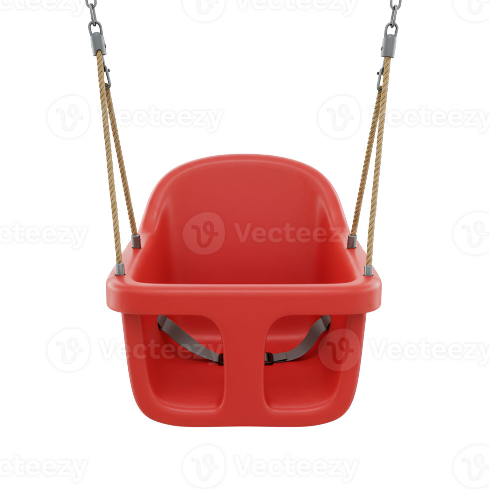 Isolated image of a vibrant red baby swing with rope supports against a plain backdrop view centered transparent background png