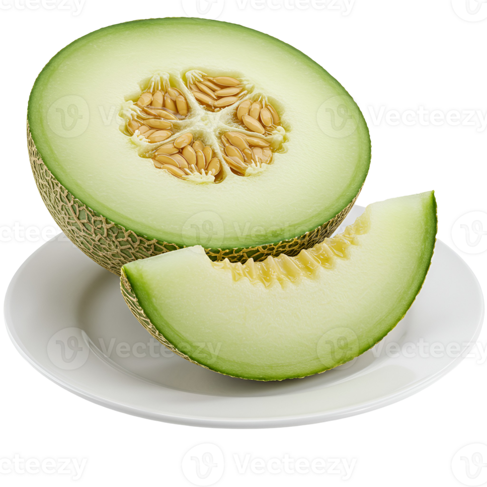 A halved cantaloupe and a slice on a white plate showcasing its seeds and textured rind in a close up view transparent background png