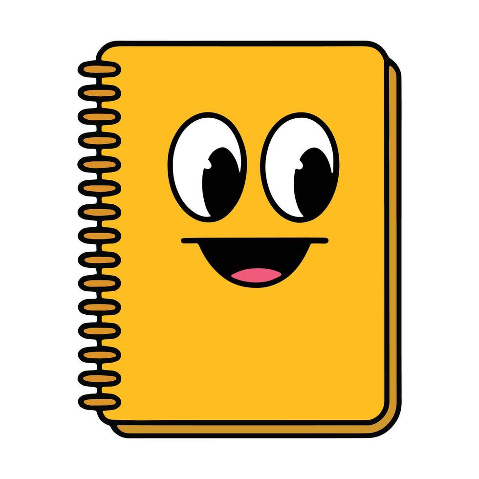 cartoon book or notebook with a cheerful face, big round eyes, and a bright smile. The character has a playful and friendly expression, perfect for children's designs. Isolated on a white background. vector