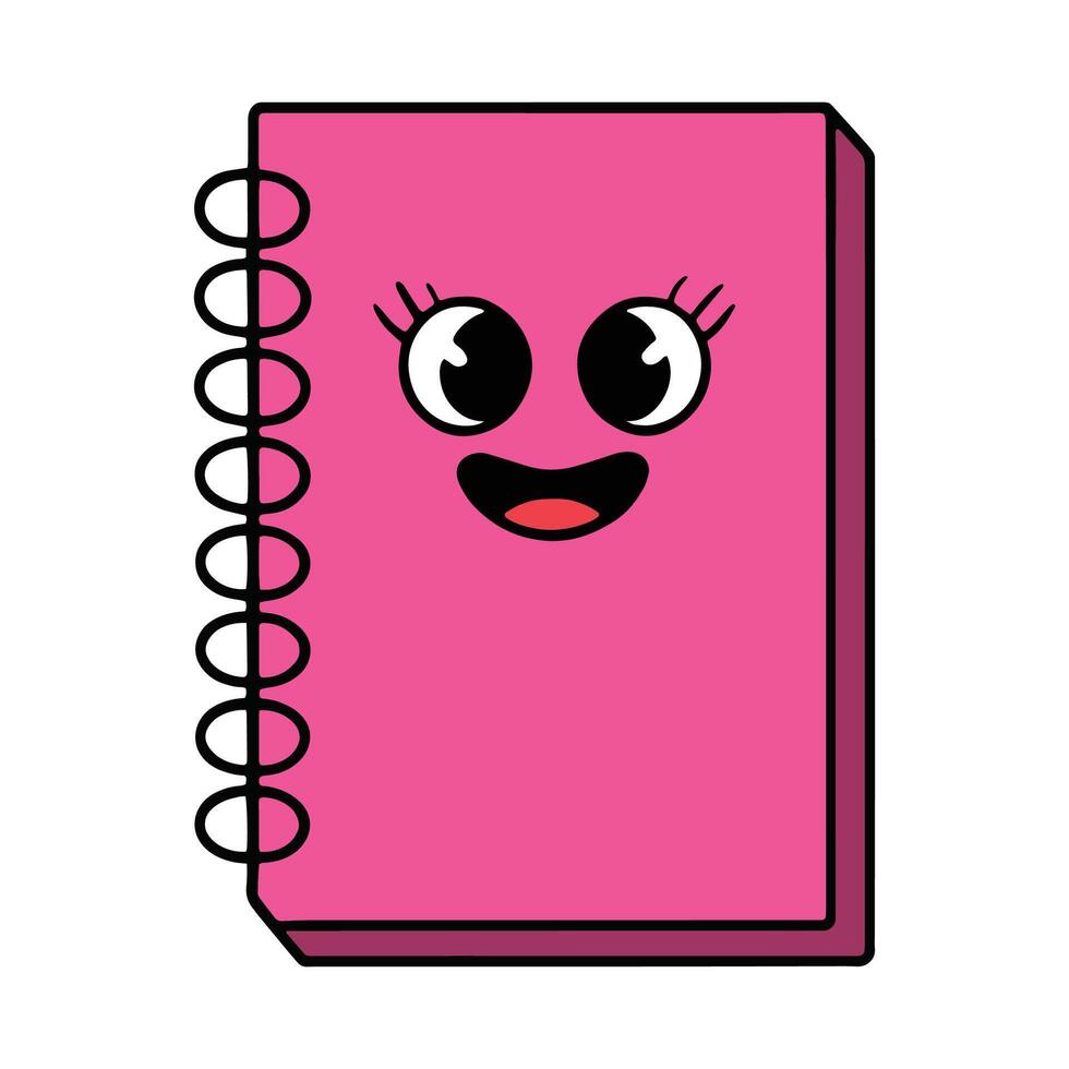 Pink book or notebook with a cheerful cartoon face, big round eyes, and a happy smile. This cute character is perfect for children designs, Isolated on a white background. vector