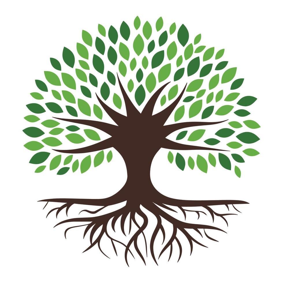 Green tree illustration featuring lush leaves and visible roots. for nature, ecology, and environmental concepts. vector