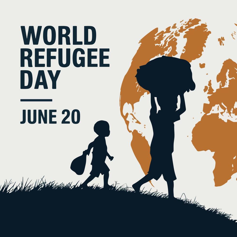 World Refugee Day greetings with silhouettes of people and a globe. Ideal for awareness campaigns, humanitarian event promotions, and social responsibility initiatives. vector