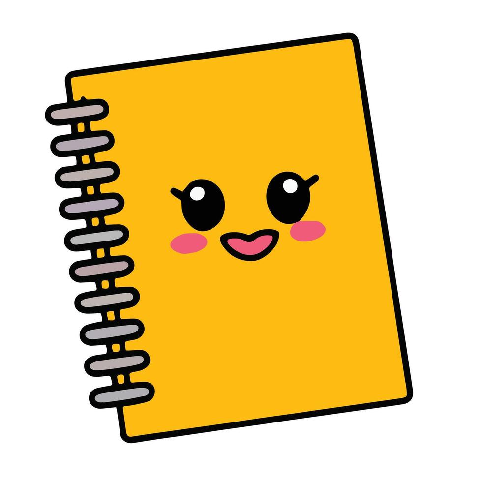 Yellow book or notebook with a cheerful cartoon face, big round eyes, and a happy smile. This cute character is perfect for children's designs. Isolated on a white background. illustration. vector