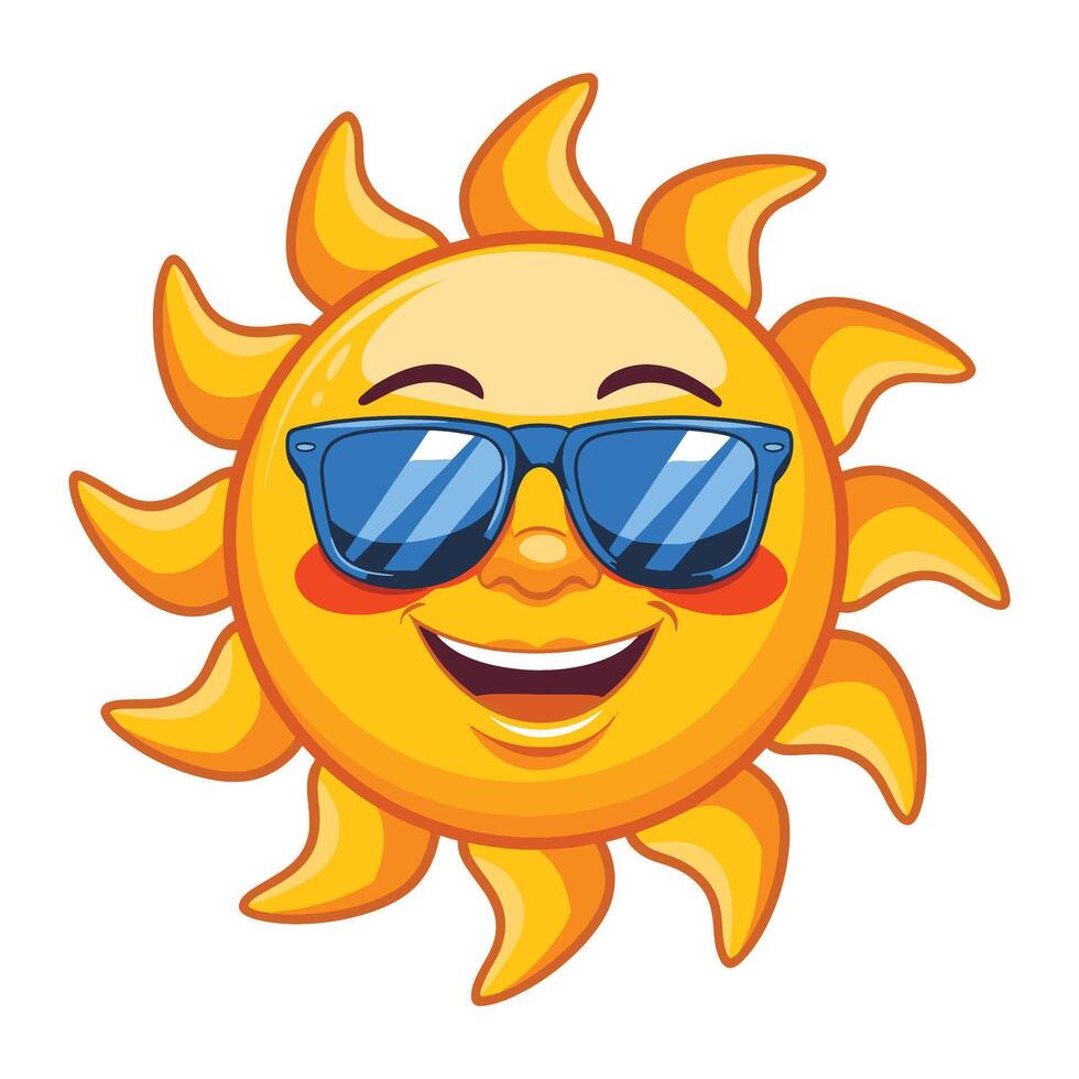 Sun character wearing sunglasses. Fun and cheerful summer mascot icon, perfect for seasonal designs and branding. vector