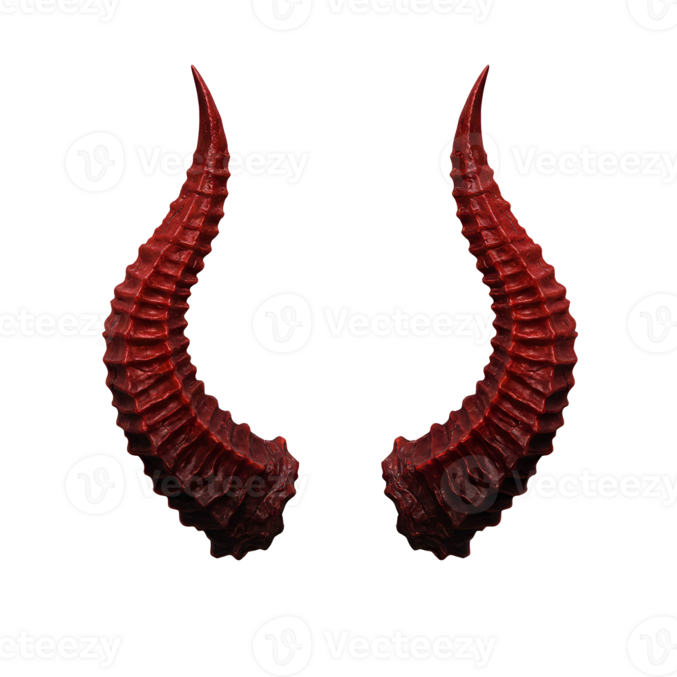 A pair of textured crimson horns curving upwards against a plain colored isolation style presentation shot transparent background png