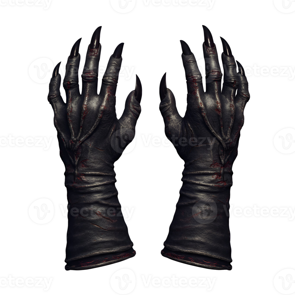 A pair of sinister gloves with elongated nails presented against a plain neutral studio space view image transparent background png