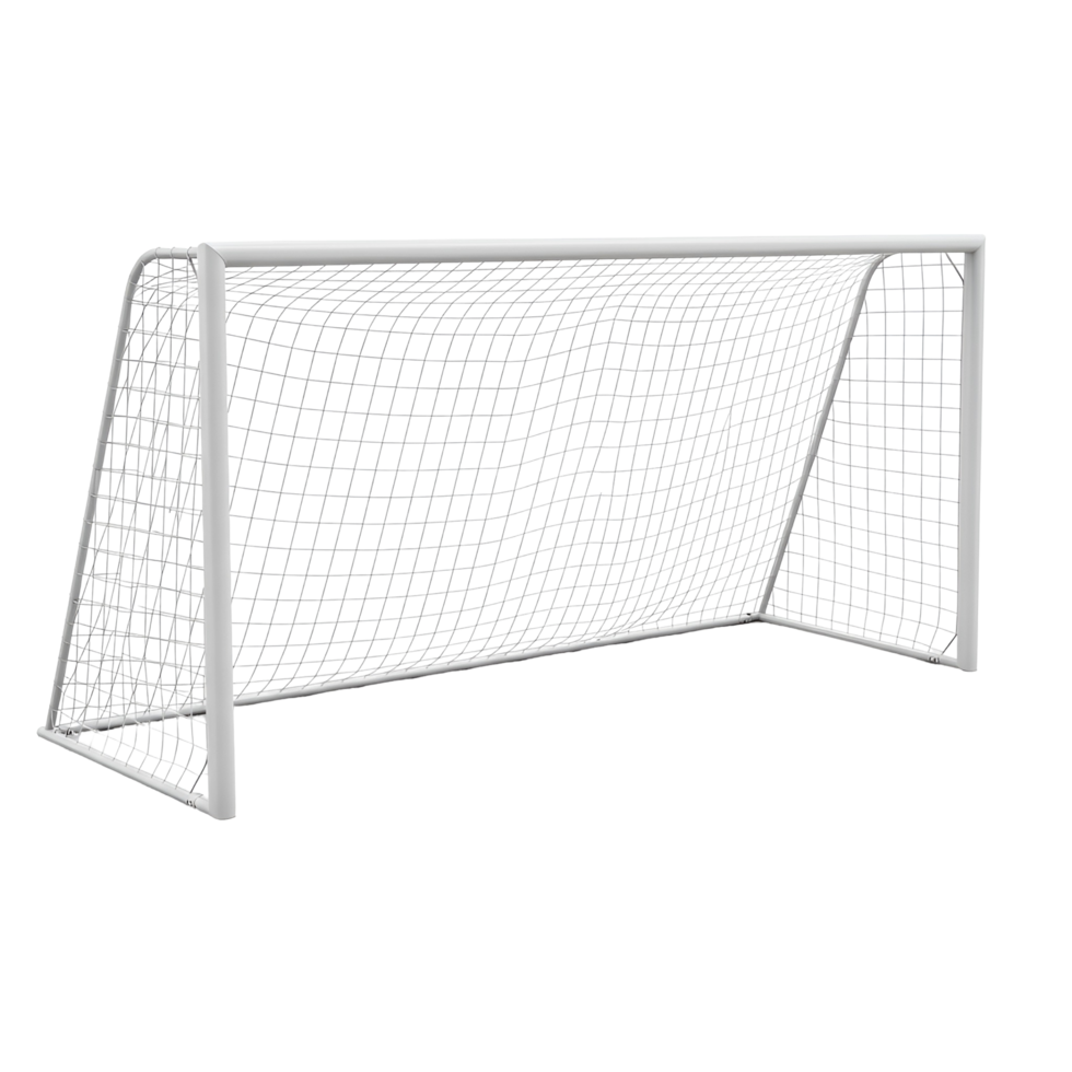 A white soccer goal with a net is presented against a plain isolated studio style presentation image transparent background png