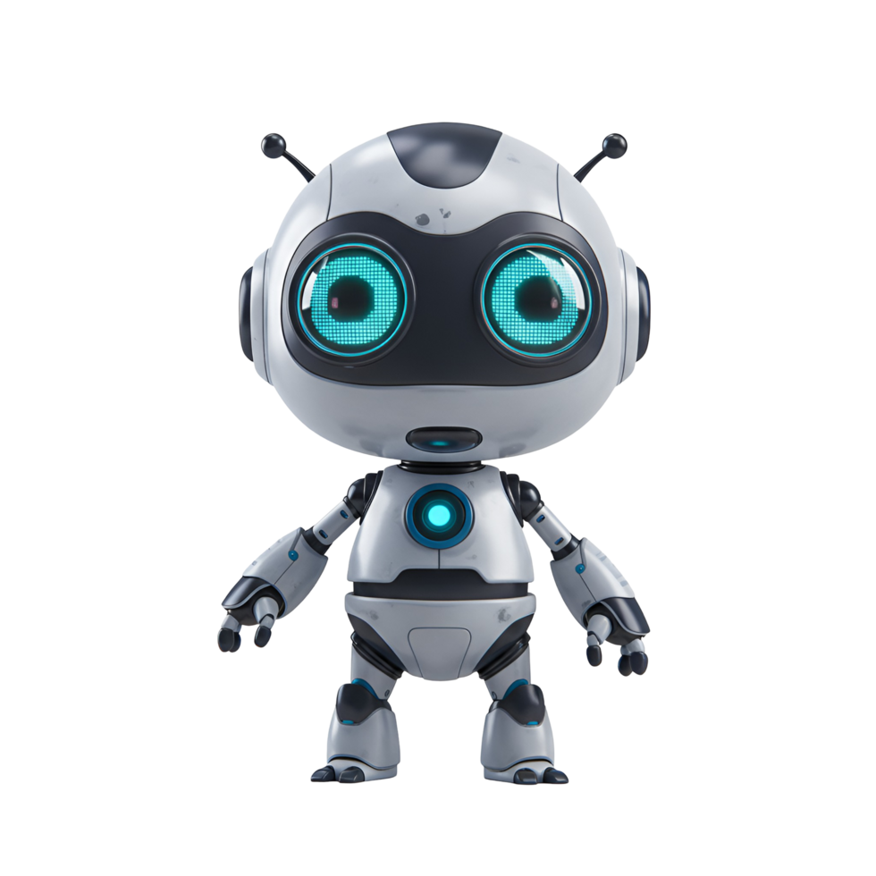 A stylized robot figure with large eyes and a white and gray body on a plain surrounding area transparent background png