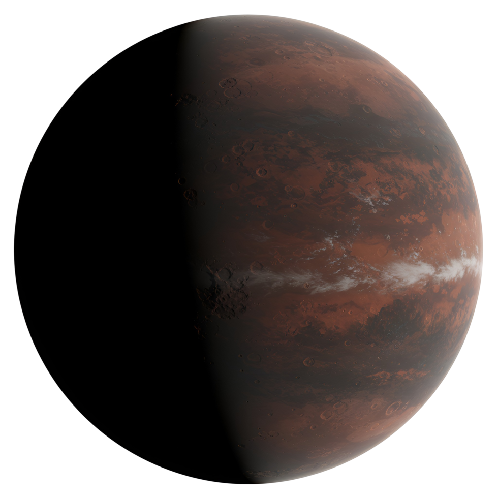 A planetary body with a reddish surface and a bright band visible against a neutral space setting transparent background png