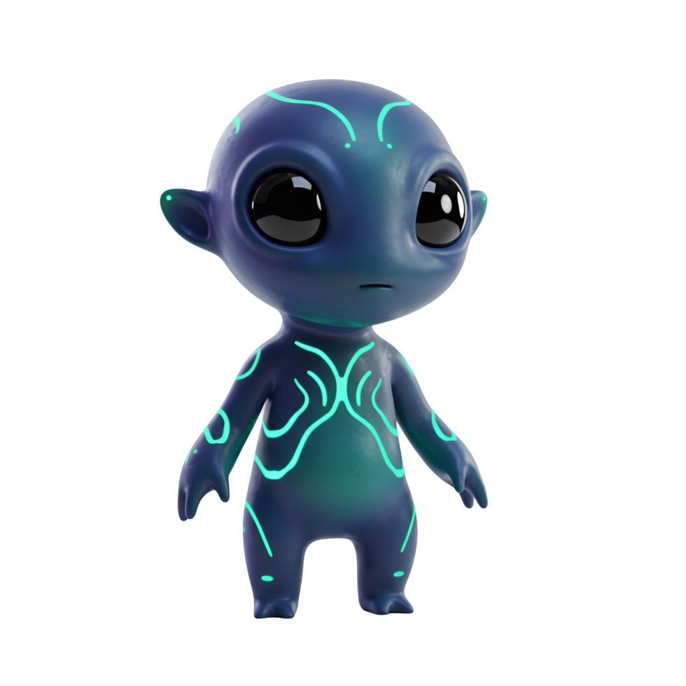 A blue alien character with glowing markings standing on a plain isolated background in a studio shot transparent background png