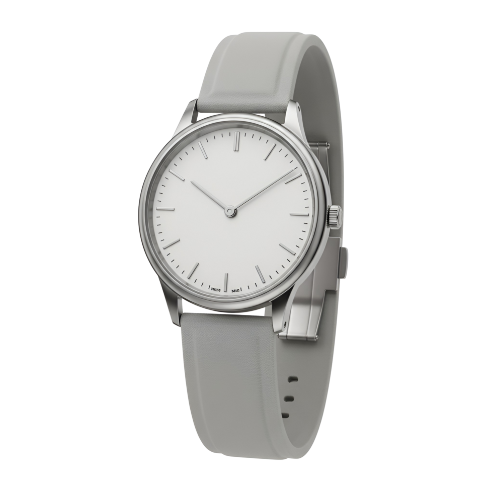 Close up of a wristwatch with a white face and a light gray band on a plain surrounding area transparent background png