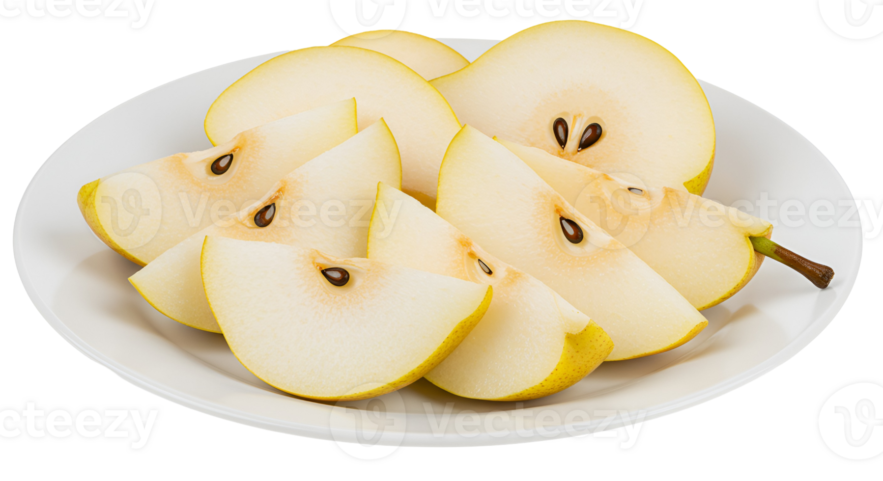 Sliced pears arranged on a plate showing seeds and stem ready to eat a healthy and tasty fruit snack transparent background png