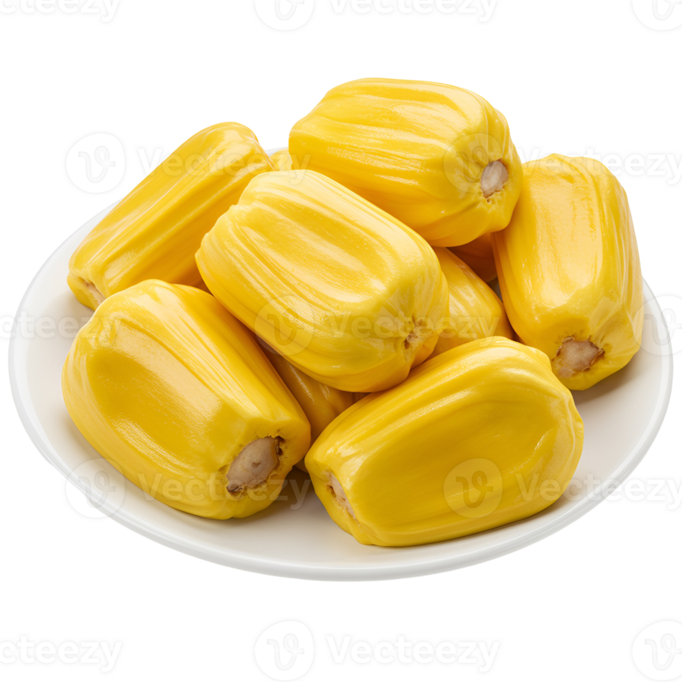 A pile of ripe jackfruit segments displayed on a white plate against a plain simple background transparent background png