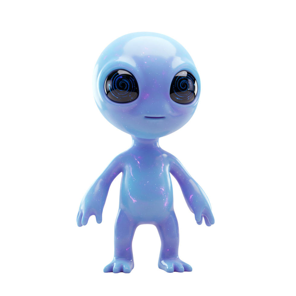 A light blue alien standing upright with large eyes and a small smile on a plain background transparent background png