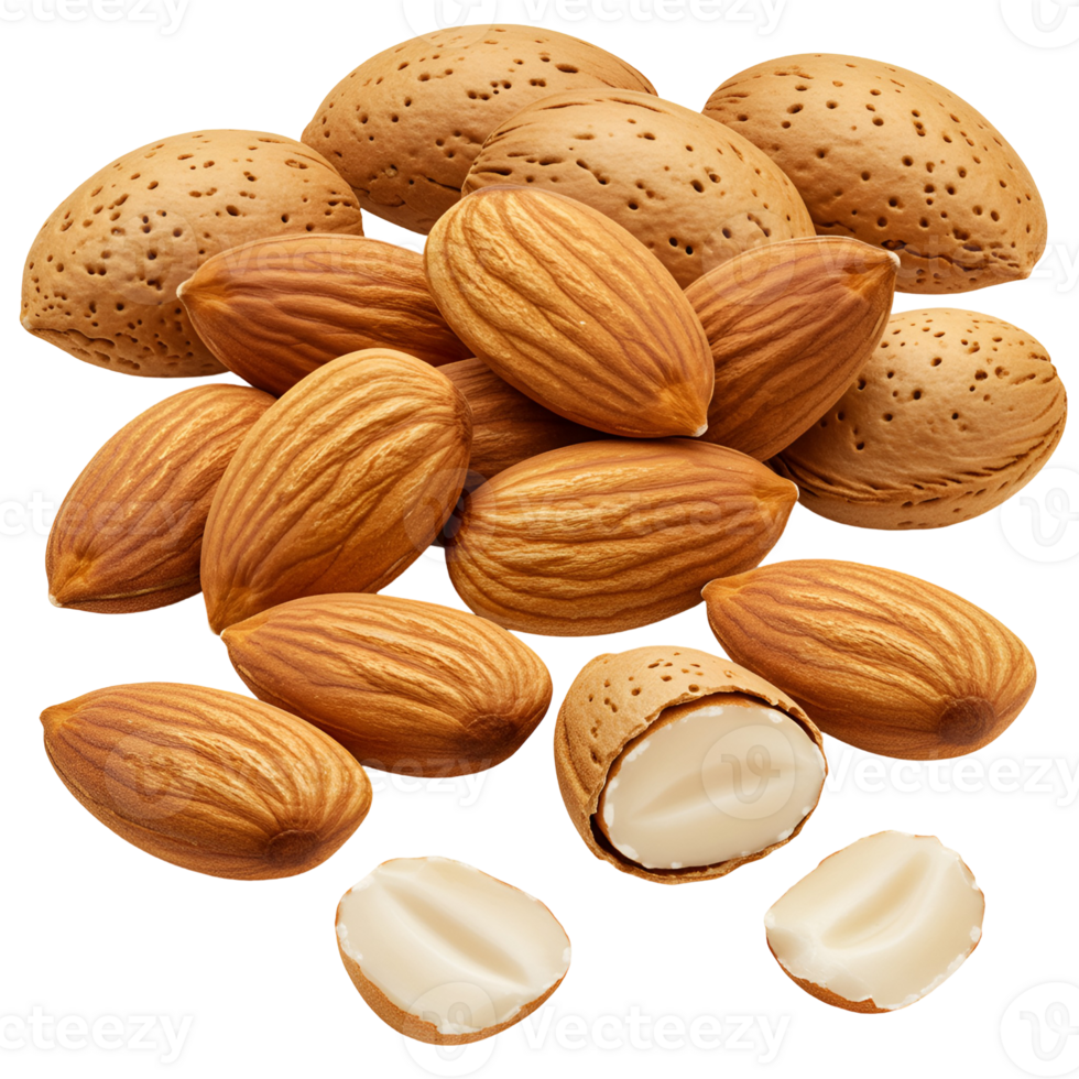 A close up view of a pile of almonds with some in their shells and some shelled on a transparent area transparent background png