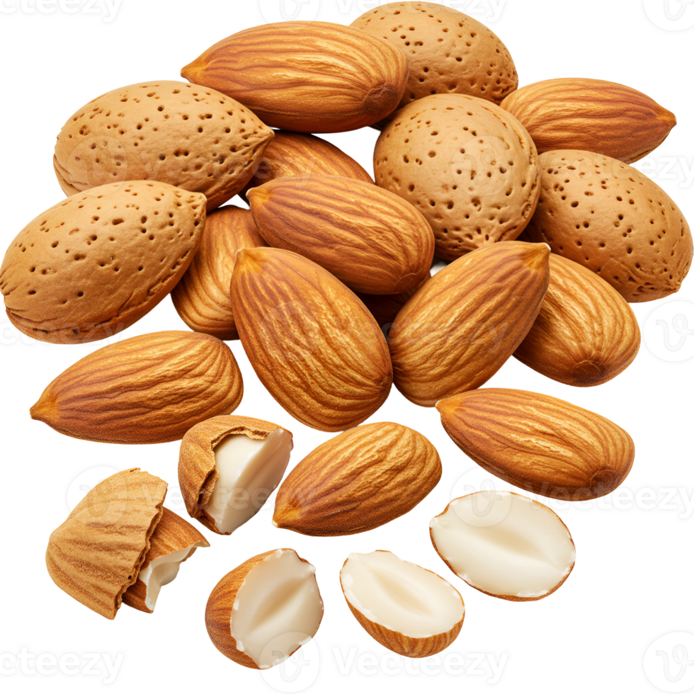 A pile of almonds with some cracked open showing the nut on a transparent background image view transparent background png
