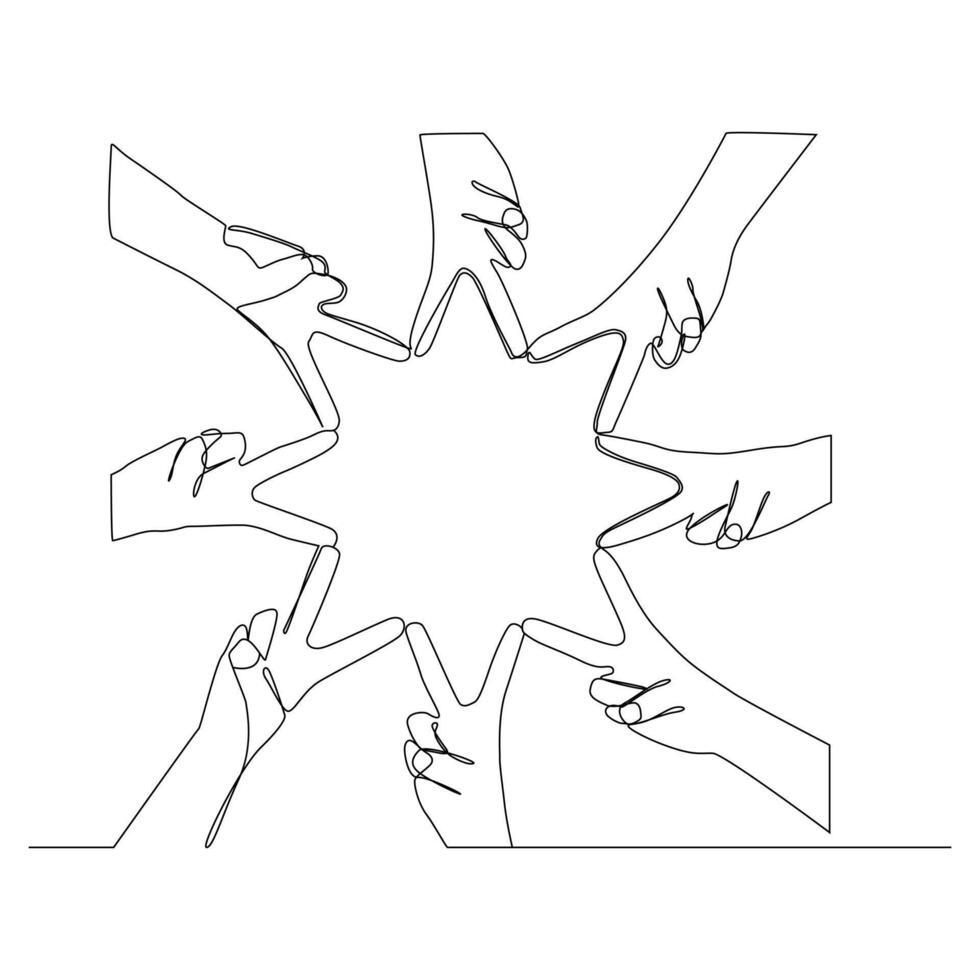 One continuous line drawing group of young male and female business people unite their hands together to form a eight star shape. Unity teamwork concept single line draw design. vector