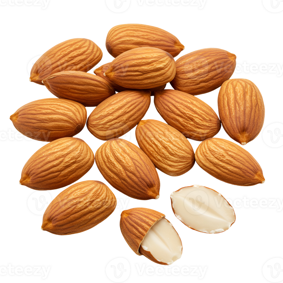 A group of almonds with one split open revealing the white nut against a plain solid color space transparent background png