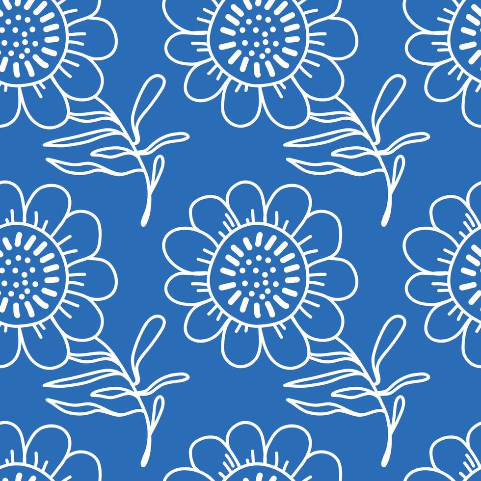 Seamless pattern with colorful funny flower designs on a blue background. A pattern with cute botanical designs. vector