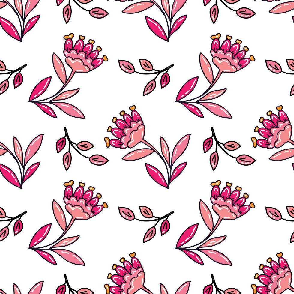 pink floral pattern with flowers and leaves. Cute floral background. Summer seamless pattern. vector