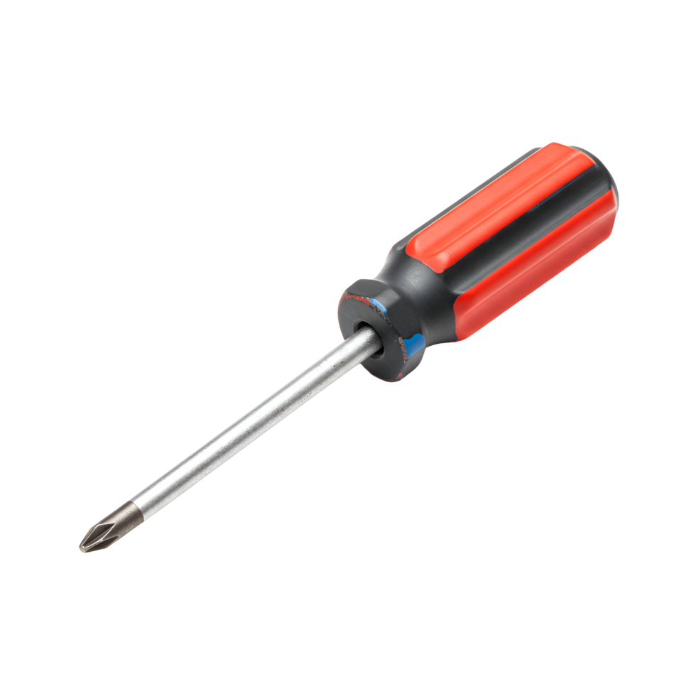A close up view of a screwdriver with a red and handle on a plain isolated area of space transparent background png