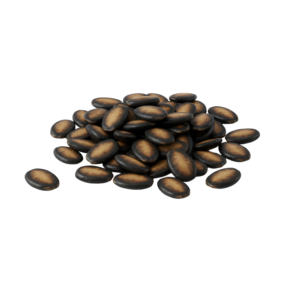A pile of watermelon seeds clustered together on a plain surface in a studio setting, isolated view transparent background png