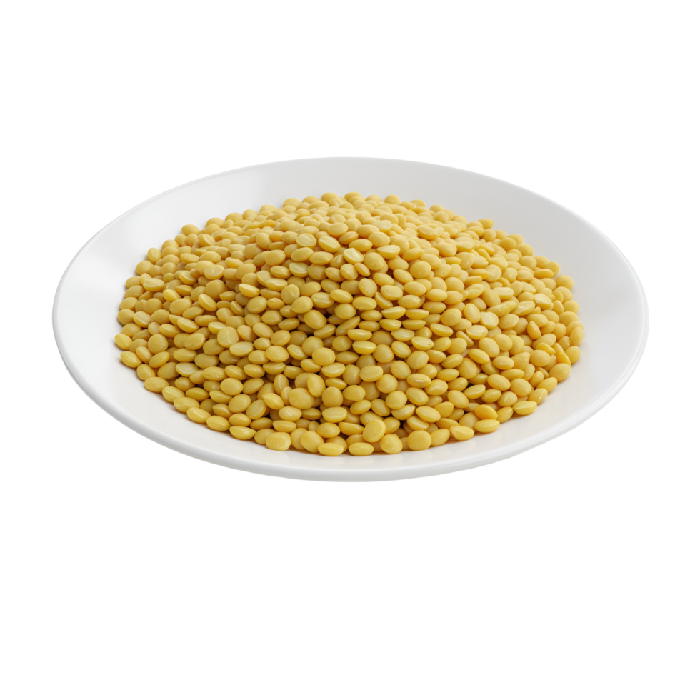 A white plate filled with a mound of small yellow lentils against a plain contrasting surface transparent background png