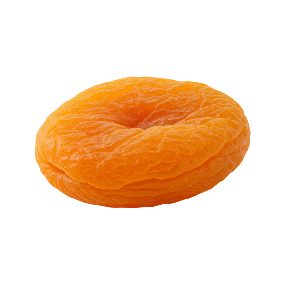 A single dried apricot with a wrinkled texture isolated against a plain solid color background view close up transparent background png